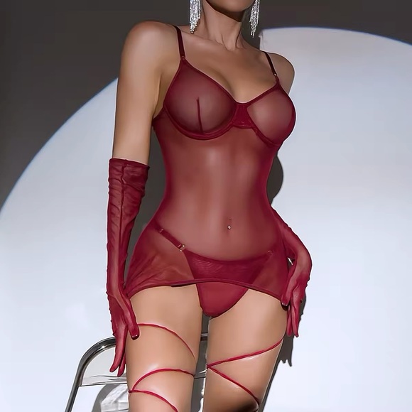 Mother Hustler Other - Red Sheer Lingerie Dress + Panties + Gloves Strap Set